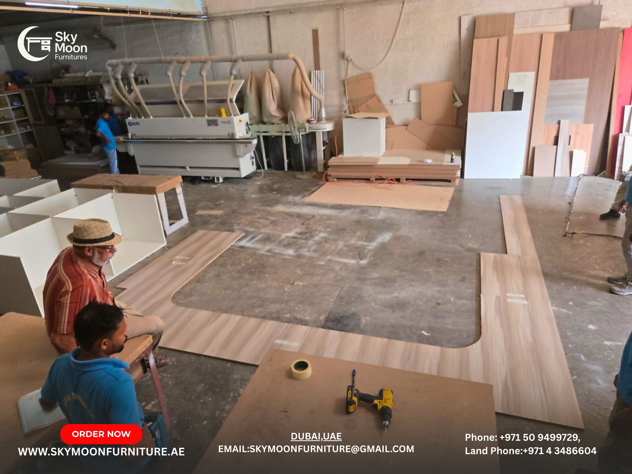 A busy furniture workshop with workers assembling large wooden pieces. Tools, machinery, and wooden boards are scattered, suggesting active craftsmanship | Materials Guide